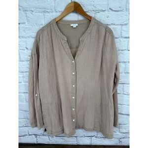 Pure Jill Gauze Button Up Shirt Tan Brown Long Sleeve Roll Lagenlook Size L
